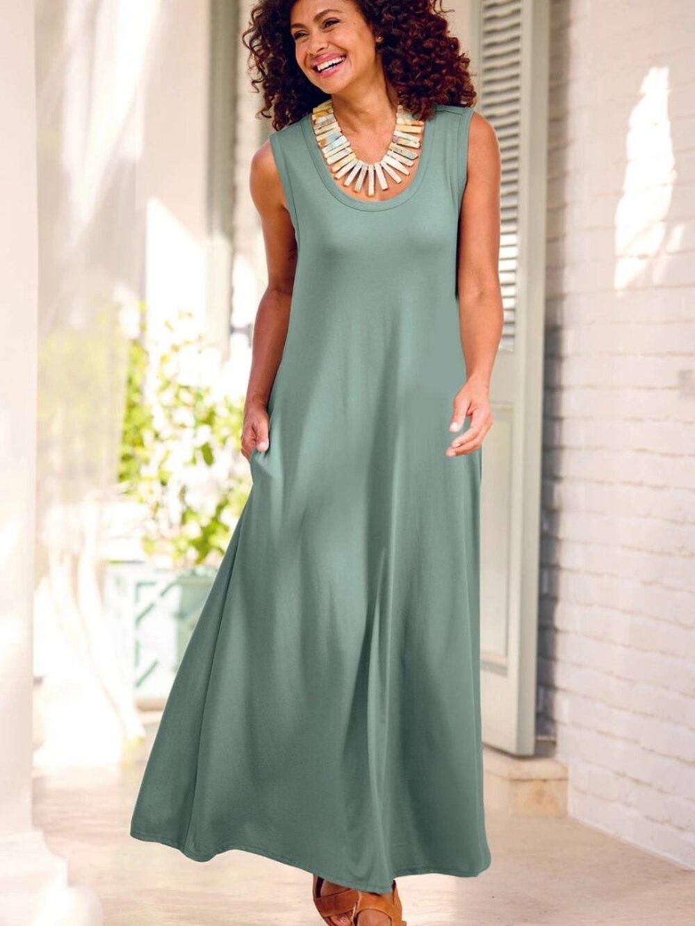 Soft Surroundings "Santiago" Sleeveless Scoop Neck Maxi Dress Teal Green